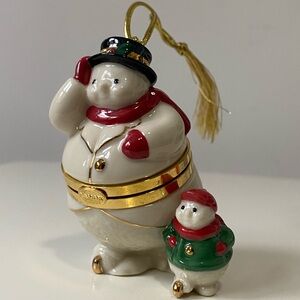 Lenox China Treasures Porcelain Skating Snowman & Child Trinket Box Ornament
